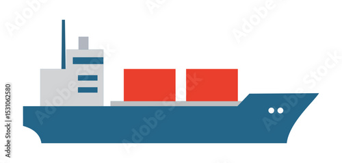 Cargo ship illustration in blue with red containers, symbolizing global trade, logistics, and maritime transport for supply chain themes