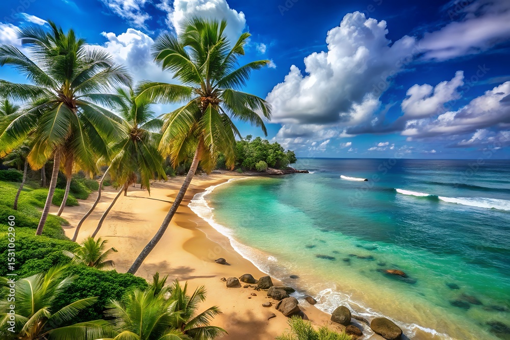 Obraz premium Stunning Tropical Beach Scene Golden Sand, Crystal Clear Ocean, and Lush Palm Trees