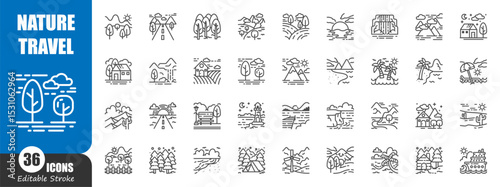 Natural tourist attractions outline icon . Editable stroke . Vector .