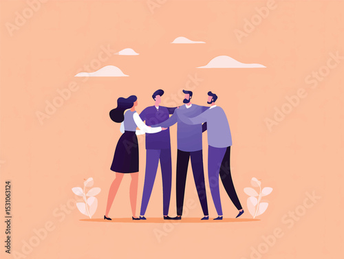 Teamwork, Collaboration, Unity Vector Illustration of a Diverse Group Embracing