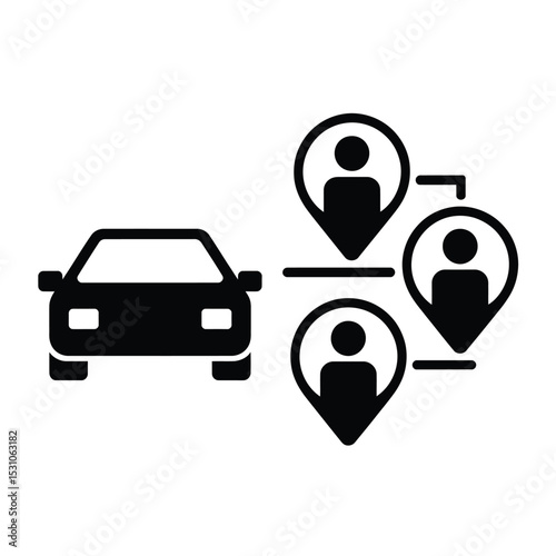 Car and Multiple Location Pins Icon Representing Ride Sharing Service