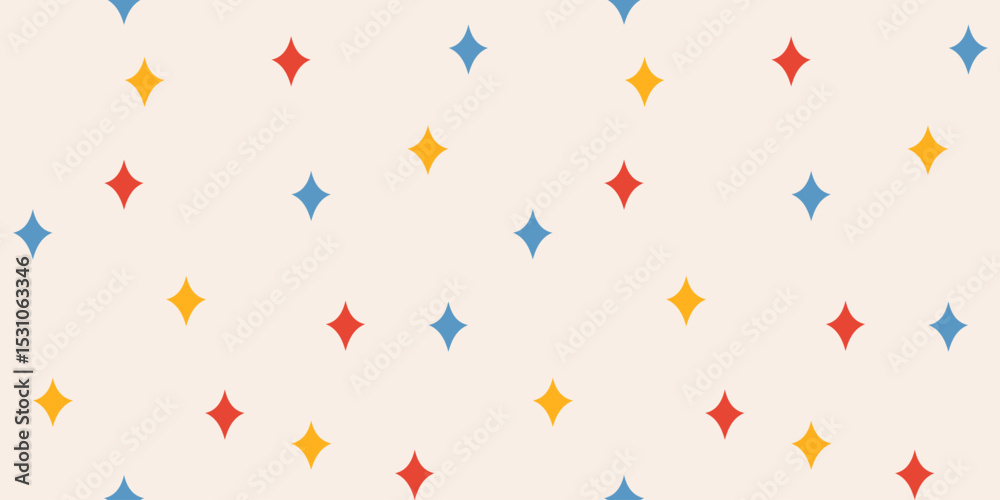 Abstract seamless cute pattern of multicolored stars on a light background; hand drawn vector illustration; blue, yellow and red color, flat style