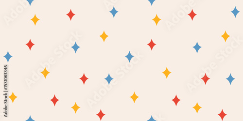 Abstract seamless cute pattern of multicolored stars on a light background; hand drawn vector illustration; blue, yellow and red color, flat style