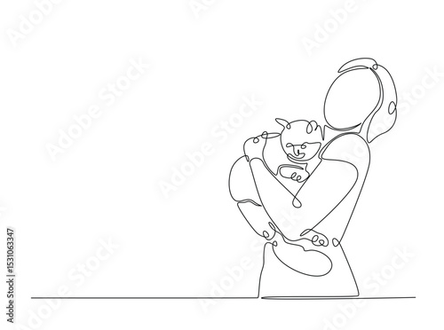 Happy woman hugging cute cat single outline illustration. Continuous line art drawing of woman hugging cat. Editable stroke.