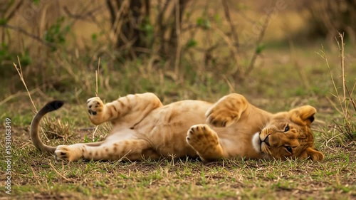 Playful lion cub lying down in grassy savanna