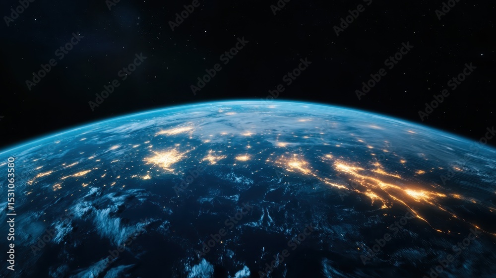 Obraz premium A stunning view of Earth from space, showcasing the globe illuminated by city lights against the vastness of the universe, representing human achievement and exploration.