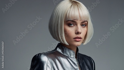 Belleza contemporánea: una mujer con un corte de pelo bob platinado y flequillo recto, mostrando un estilo vanguardista y sofisticado.