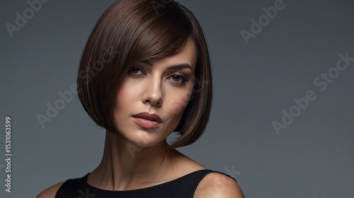 Retrato de belleza minimalista de una modelo con pelo corto castaño, femenina confiada y serena, con enfoque en sus expresivos ojos marrones.
