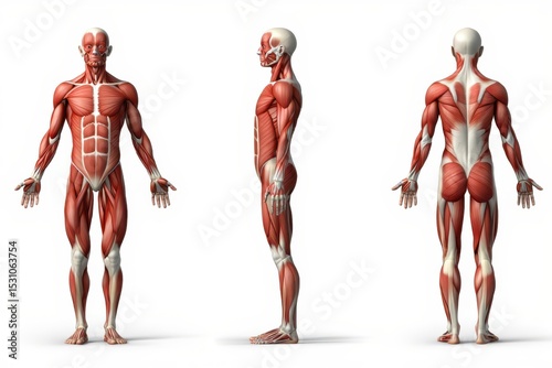 Detailed Human Muscular System Anatomy Front, Side, and Back Views