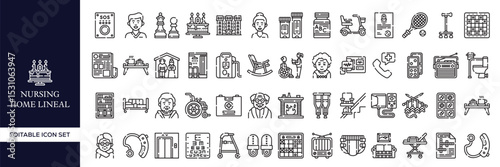 Nursing Home Lineal Icon Set – Elderly Care, Medical Assistance, and Healthcare Symbols
