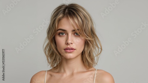 Retrato de estudio de una mujer joven con cabello rubio rojizo, transmitiendo calma, confianza y una mirada profunda. Con fondo gris photo