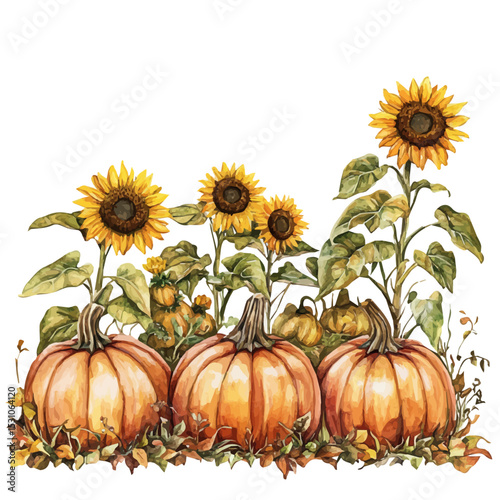 Pumpkin Patch With Sunflowers, watercolor drawing vector, isolated on a white background.