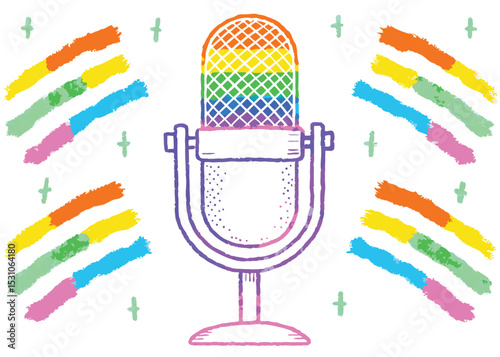 Colorful handprints burst around a vintage microphone icon, symbolizing a vibrant, creative voice in music and media