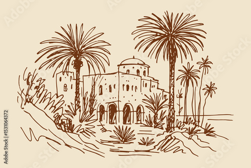 Desert architecture with palm trees loose sketch vector illustration