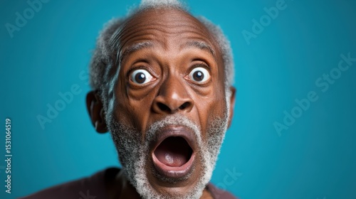 An elderly man with a shocked expression, wide open eyes, and an agape mouth, perfectly capturing surprise and astonishment in a striking, close-up portrait against a blue background.