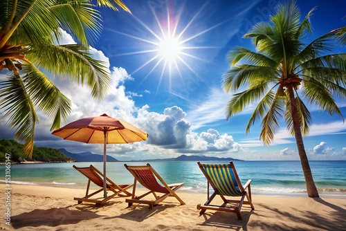 Sunny Seaside Vacation Relaxing Beach Scene with Palm Trees and Lounge Chairs