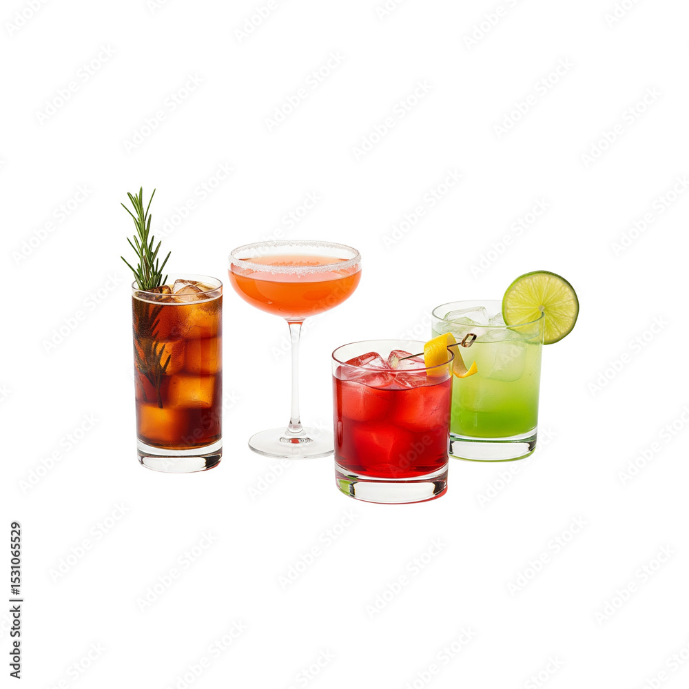 Four colorful cocktails with ice and garnishes Four colorful cocktails with ice and garnishes