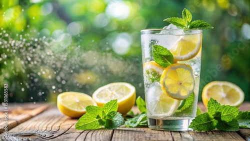 Refreshing Iced Lemon and Mint Drink on Rustic Wooden Table with Bubbly Water Splashes and Blurred Green Background