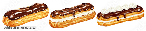 チョコレートソースの掛かったエクレアの水彩風イラストセット ホイップ生クリームとカスタードクリームのスイーツ