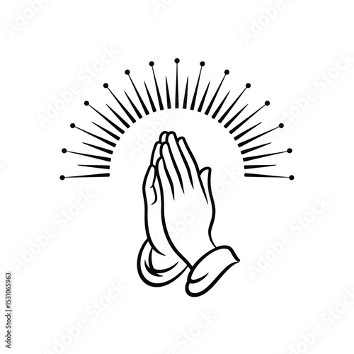 Praying Hands with Rays of Light Black and White Illustration