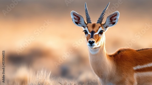 A close-up shot of a beautiful antelope with striking features surrounded by a soft, natural background, capturing the gracefulness of wildlife in its habitat.