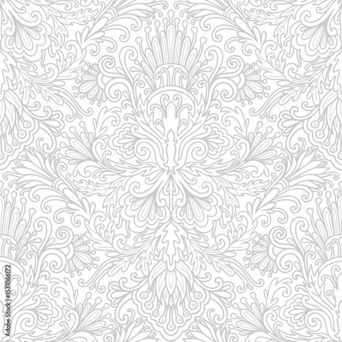 Damask style, white and grey colors, line art. Seamless floral pattern-746.