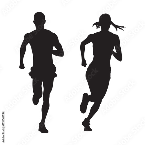 silhouettes of man and women jogging together vector 