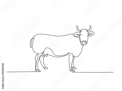 Cow single outline illustration. Continuous line art drawing of cow for farming concept. Editable stroke.
