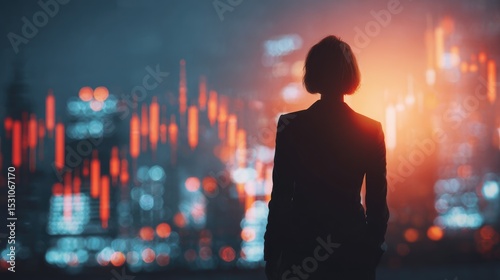 Visionary Outlook: A silhouette of an individual against a backdrop of a financial cityscape. Reflecting on market trends, future prospects, and strategic insights.