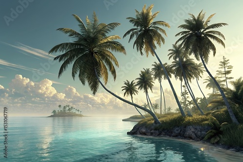 Serene Tropical Beach Scene Palm Trees, Azure Ocean, and Calm Sky