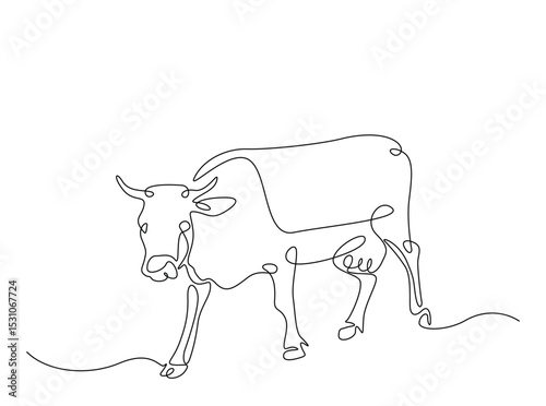Cow single outline illustration. Continuous line art drawing of cow for farming concept. Editable stroke.