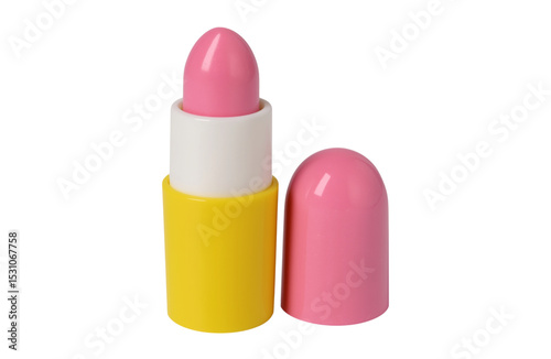 3D cartoon lipstick icon in pink and yellow on white base, beauty and cosmetic element
