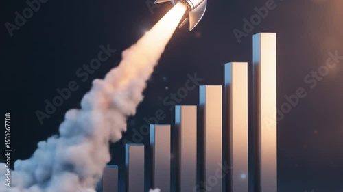 3D shiny silver rocket launches next to tall bar graph. 4k video