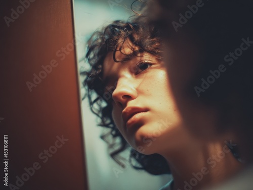 young person discovering identity in mirror, soft light reflection, emotional style