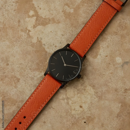 Minimalist Black Wristwatch with Orange Leather Strap on Textured Background
