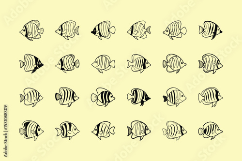 Butterflyfish, aquarium fish, line art illustration