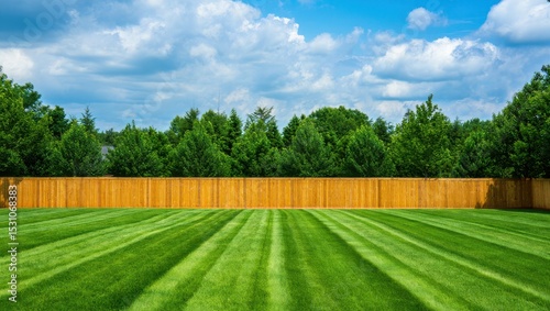 Perfectly Manicured Lawn with Wooden Fence and Lush Greenery