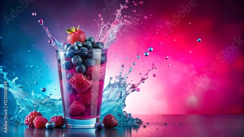 Refreshing Berry Fusion A Vibrant Drink with Splashing Water and Colorful Background