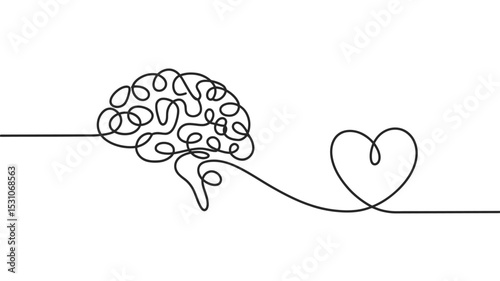 Continuous Line Drawing Brain and Heart Connection on White Background