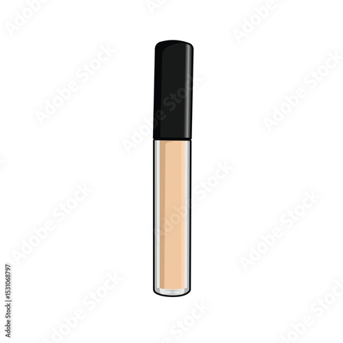 A concealer tube with beige liquid and black cap, styled simply on white backdrop