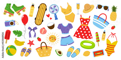 Summer fun essentials featuring beachwear, accessories, and cheerful motifs for a vibrant seaside experience