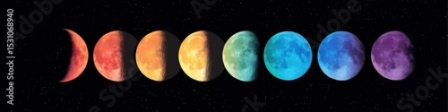moon phases in rainbow gradient tones, cosmic minimal design
