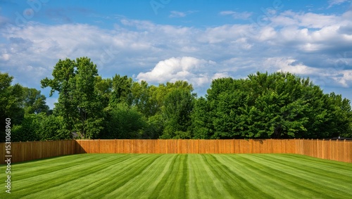 Serene Backyard Landscape Lush Green Lawn, Wooden Fence, and Tree-Lined Horizon