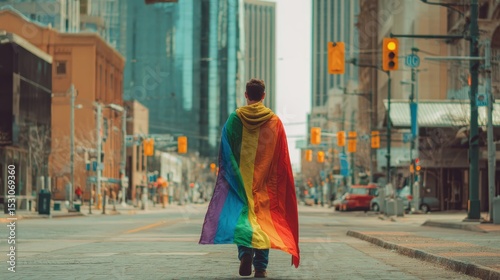 person wearing pride cape walking through city, symbolic scene
