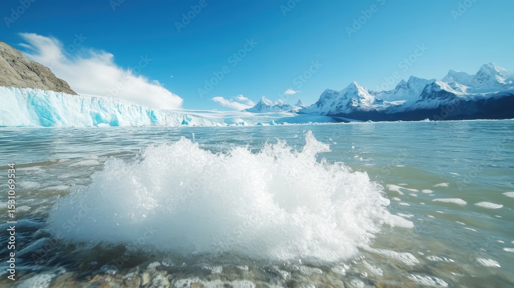 Obraz premium Waves crash gently against the shore of a stunning glacier lake, framed by towering mountain peaks, capturing the beauty and power of nature's untouched landscape.