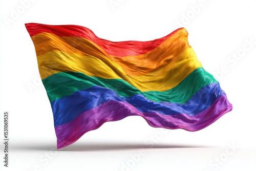 rainbow pride flag waving in soft wind, isolated on white background, clean shadow, high resolution PNG