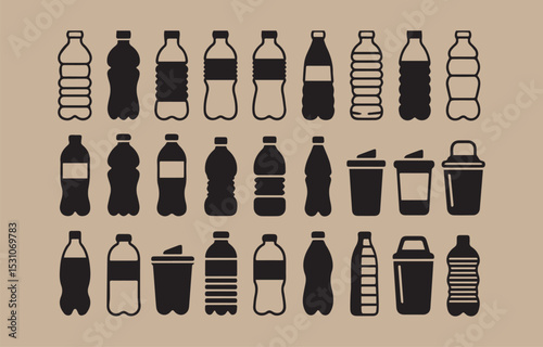 Collection of Black Silhouette Plastic Bottles and Cups Representing Recycling Waste Management and Environmental Concerns on a Beige Background