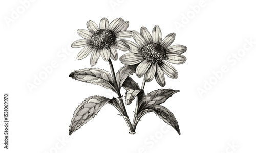 Compass Plant Silphium Laciniatum Flowers Engraving, Inflorescence and Leaf, Vintage Botanical Art, Prairie Wildflower, Medicinal Herb, Vector Illustration.