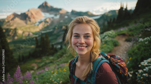 Joyful Woman Hiking on Mountain Trail with Backpack and Wildflowers photo