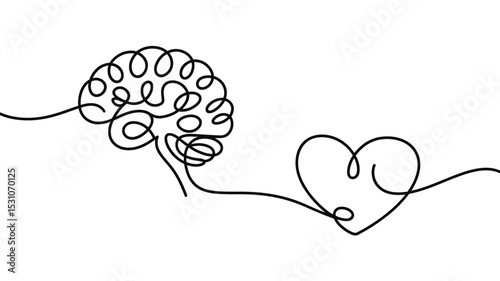 Brain and Heart Connection Single Line Drawing Representing Emotional Intelligence
